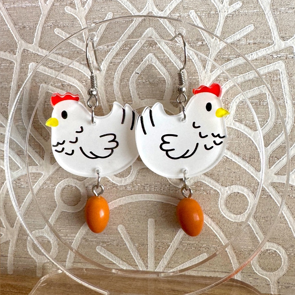 Chicken & Egg Acrylic Dangle Earrings Farm Cottagecore NEW